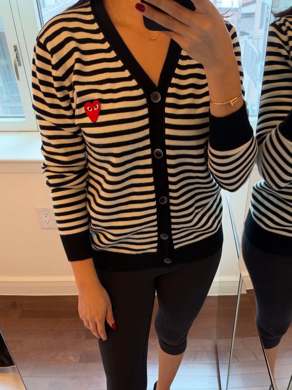 Comme des Garcons PLAY Black & White Striped V-Neck Cardigan with Red Heart